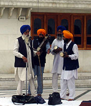 A group of Sikh musicians at the Golden Temple complex.