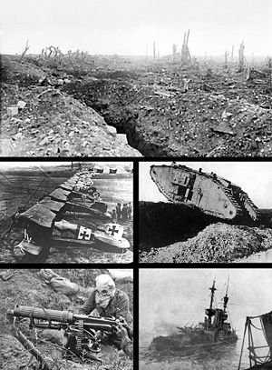 Warfare in the early 20th Century (1914–1918)Clockwise from top: front line Trenches,  a British Mark I Tank crossing a trench, the Royal Navy battleship HMS Irresistible sinking after striking a mine at the battle of the Dardanelles, a Vickers machine gun crew with gas masks, and German Albatros D.III biplanes.