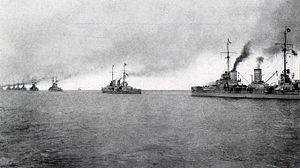 A battleship squadron of the Hochseeflotte at sea.