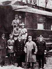 This photograph was taken after reaching an agreement for the armistice that ended World War I. The location is in the forest of Compiègne. Foch is second from the right. The train carriage seen in the background, where the armistice was signed, would prove to be the setting of France's own armistice in June 1940. When the WWII armistice was signed, Hitler had the rail car taken back to Berlin where it was destroyed when allied aircraft bombed the city.