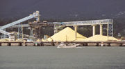 Sulfur recovered from hydrocarbons in Alberta, stockpiled for shipment at Vancouver, B.C.