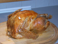 A roast turkey as part of a traditional U.S. Thanksgiving meal.