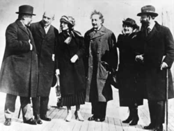 Albert Einstein, seen here with his wife Elsa Einstein and Zionist leaders, including future President of Israel Chaim Weizmann, his wife Dr. Vera Weizmann, Menachem Ussishkin, and Ben-Zion Mossinson on arrival in New York City in 1921.