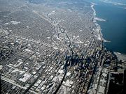 Aerial view of downtown Chicago looking north during winter.