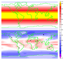 Annual average insolation at the top of the atmosphere (above) is markedly higher that at Earth's surface (below). The black dots represent the land area required to replace the total primary energy supply with electricity from solar cells.
