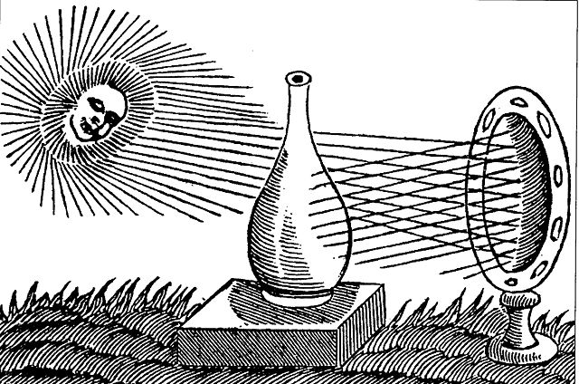 Image:Engraving from the 16th century of sunlight focused on to a bottle using a parabolic dish.jpg