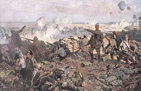 An artist's rendition of Canadian troops at the Second Battle of Ypres.