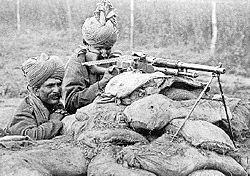A Benet-Mercier machine gun section of 2nd Rajput Light Infantry of British Indian Army in action in Flanders, during the winter of 1914-15.