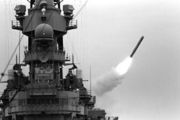 USS Missouri (1944) launches a Tomahawk missile during Operation Desert Storm.