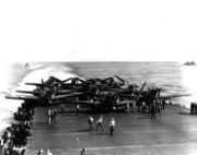 Devastators of VT-6 aboard USS Enterprise being prepared for take off during the battle.
