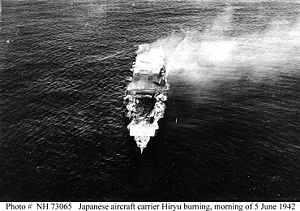 Hiryū  shortly before sinking during the Battle of Midway