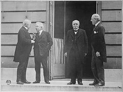 Left to Right, Prime Minister David Lloyd George of the United Kingdom, Vittorio Orlando of Italy, Prime Minister Georges Clemenceau of France, and President Woodrow Wilson of the United States of America