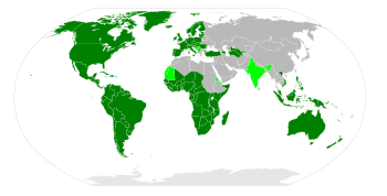 Latin alphabet world distribution. The dark green areas shows the countries where this alphabet is the sole main script. The light green shows the countries where the alphabet co-exists with other scripts.