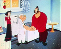 Popeye, Olive Oyl, and Bluto in a scene from Famous Studios' Floor Flusher (1953).