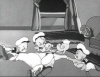 Popeye and his identical quadruplet nephews (Pipeye, Pupeye, Poopeye, Peepeye), in a scene from Famous Studios' Me Musical Nephews (1942).