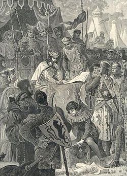 John of England signs Magna Carta. Illustration from Cassell's History of England (1902)