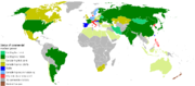 The status of nuclear power globally. Nations in dark green have reactors and are constructing new reactors, those in light green are constructing their first reactor, those in dark yellow are considering new reactors, those in light yellow are considering their first reactor, those in blue have reactors but are not constructing or decommissioning, those in light blue are considering decommissioning and those in red have decommissioned all their commercial reactors. Brown indicates that the country has declared itself free of nuclear power and weapons.