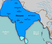 Map depicting the largest extent of the Mauryan Empire in dark blue, and allied or friendly areas in light blue