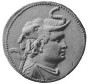 The founder of the Indo-Greek Kingdom, Demetrius I "the Invincible" (205–171 BCE), wearing the scalp of an elephant, symbol of his conquests in India.