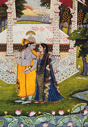 Krishna (left), the eighth incarnation (avatar) of Vishnu, with his consort Radha