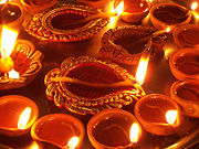 Diwali, the festival of lights, is a prime festival of Hinduism. Shown here are traditional Diyas that are often lit during Diwali