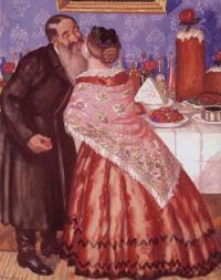 Boris Kustodiev's Easter Greetings (1912) shows traditional Russian traditions of khristosovanie (exchanging a triple kiss), with such foods as kulich and paskha in the background.