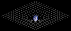 Two-dimensional projection of a three-dimensional analogy of space-time curvature described in General Relativity.