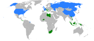 The Security Council as of 2008, showing permanent members in blue and currently elected members in green.