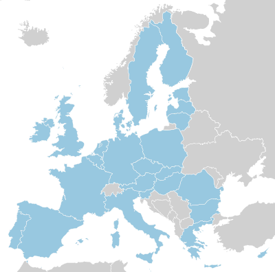 The continental territories of the member states of the European Union (European Communities pre-1993), animated in order of accession.