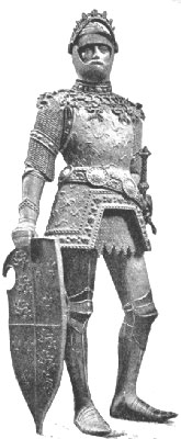 A bronze Arthur plate armour with visor raised and with jousting shield wearing Kastenbrust armour (early 15th century) by Peter Vischer, typical of later anachronistic depictions of Arthur