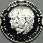Charles and Diana's wedding commemorated on a 1981 British twenty-five pence coin.