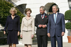 The Prince of Wales and The Duchess of Cornwall are greeted by President George W. Bush and First Lady Laura Bush on a November 2005 visit to the United States.