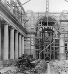Cathedral of The Blessed Sacrament, Christchurch, under construction. The nave is lined with Ionic columns.