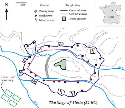 The Fortifications built by Caesar in Alesia according to the hypothesis of the location in Alise-sainte-Reine Inset: cross shows location of Alesia in Gaul (modern France). The open circle shows the weakness in the north-western section of the contravallation line