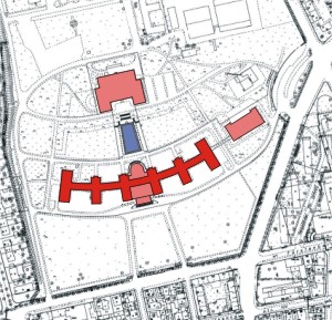 Plan of the IG Farben Building, showing the six wings, the curving central corridor and the 'Casino' building to the rear