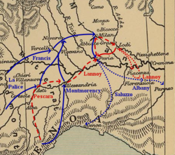 The French advance into Lombardy and the Pavia campaign of 1524–25.  French movements are indicated in blue and Imperial movements in red.