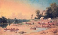 Canoe brigade preparing camp on the Winnipeg River while being visited by some Saulteaux. Field sketch by Kane, June 10, 1846.