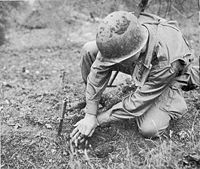 An American infantryman probes for landmines using a knife