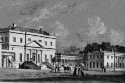 Irish Palladianism: Russborough, Ireland in 1826.  Designed by the German Richard Cassels circa 1750, it is closer in design to Palladio's concepts than similar Palladian style houses in England, such as Woburn Abbey.
