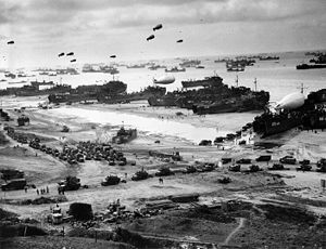 Allied troops land on the beaches of Normandy during D-Day.