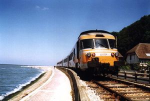 SNCF's turbotrain in Houlgate on the Deauville-Dives railway line in summer 1989.