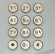 Modern-day Arab telephone keypad with two forms of Hindu-Arabic numerals, Arabic and European
