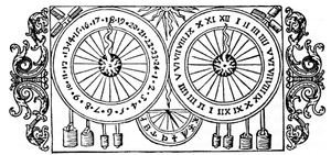 Woodcut showing the 16th century astronomical clock of Uppsala cathedral, with two clockfaces, one with Arabic and one with Roman numerals.