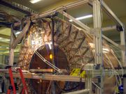 The ATLAS TRT central section, the outermost part of the Inner Detector, as of September 2005, assembled on the surface and taking data from cosmic rays.