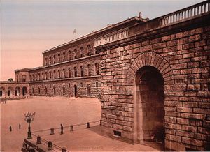 Early, tinted 20th-century photograph of the Palazzo Pitti, then still known as La Residenza Reale following the residency of King Emmanuel II between 1865–71, when Florence was the capital of Italy.