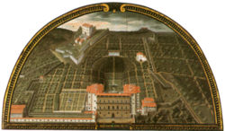 A lunette painted in 1599 by Giusto Utens, depicts the palazzo before its extensions, with the amphitheatre and the Boboli Gardens behind. The red stone excavated from the site was used in extensions to the palazzo.