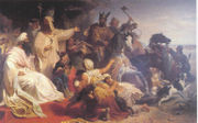 Julius Köckert's painting of Harun al-Rashid receiving the delegation of Charlemagne demonstrates diplomatic contacts between their respective domains.