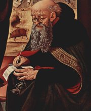 Painting of Saint Anthony with pig in background by Piero di Cosimo c. 1480