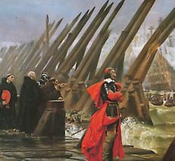 Henri Motte's stylised depiction of Cardinal Richelieu at the Siege of La Rochelle.