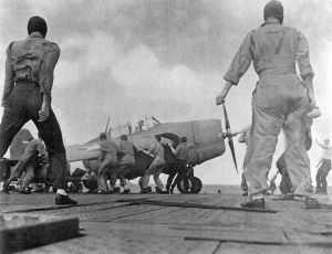 Enterprise conducts air operations in the South Pacific on October 24, 1942.  The aircraft pictured is an F4F Wildcat.
